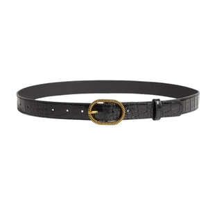 Women's vintage Y2K black belt with crocodile pattern and golden oval buckle decoration