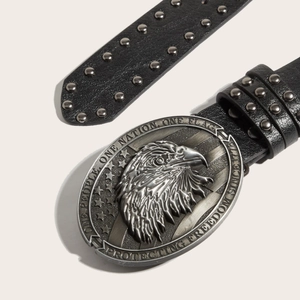 Punk leather belt with studs and eagle buckle featuring One Nation One Flag slogan