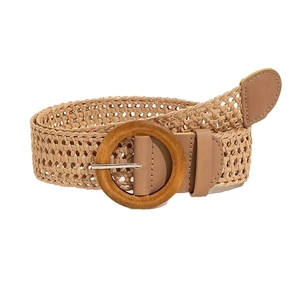 Women's woven boho waist belt with a large round wooden buckle in natural khaki