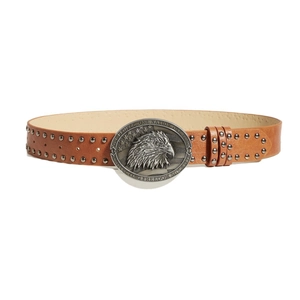 Western style brown leather belt with metal rivets and eagle American flag buckle