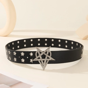 Gothic punk black leather belt with silver inverted star buckle and rhinestone star eyelets