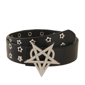 Gothic punk black leather belt featuring star studs and a large rhinestone star buckle