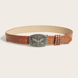 Ceinture punk en cuir marron avec boucle aigle vintage et rivets métalliques ornés
