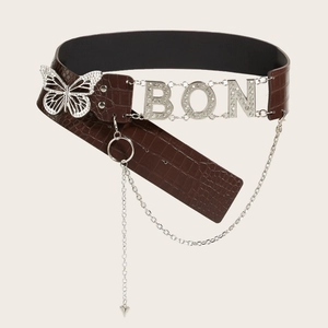 Women's dark brown faux crocodile leather belt with butterfly rhinestone and BON buckle