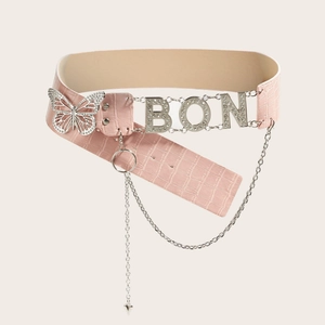 Pink crocodile pattern leather belt with rhinestone butterfly buckle and BON pendant charms