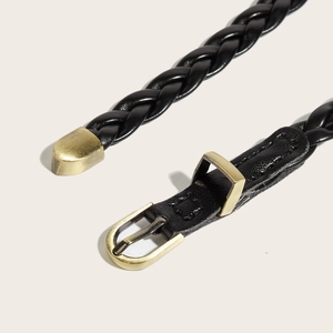 Women vintage black woven belt with bronze buckle for jeans and suits in retro style