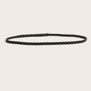 Minimalist black woven leather belt for women with a vintage metal pin buckle