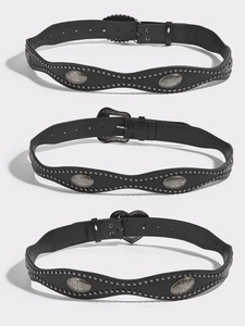 Cinture punk in pelle nera con borchie argentate e fibbie vintage incise