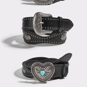 Cinture in pelle nera punk con borchie argentate e fibbie vintage per donna