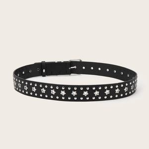 Women's black punk belt with silver star eyelets and metal studs for jeans