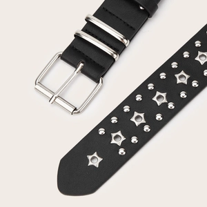 Punk style black faux leather belt with silver star rivets and square metal buckle