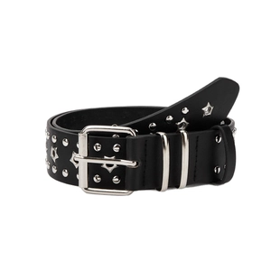 Punk style black leather belt for women with silver star studs and round rivets