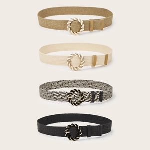 Women's Bohemian Woven Straw Belt Retro PP Grass Waist Cinch Alloy Round Buckle Decorative Waistband For Dresses Pant Belt