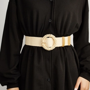 Bohemian Woven Belt For Women Vintage Round Beaded Buckle Elastic Cinch Belt For Dresses Ethnic Style Wide Waistband