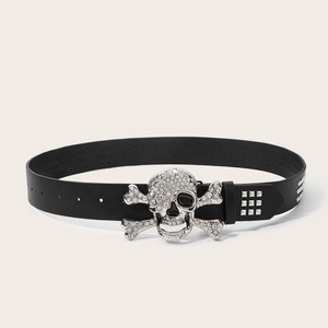 Punk style black belt with silver rhinestone skull buckle and metallic square studs