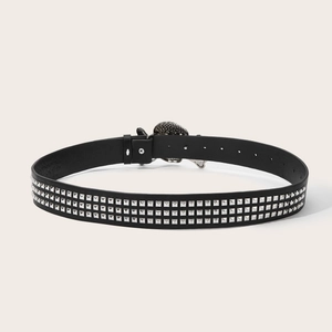 Punk rock black leather belt with three rows of silver studs and skull buckle