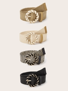 Detailed collection of woven bohemian belts with circular gold buckles in four colors