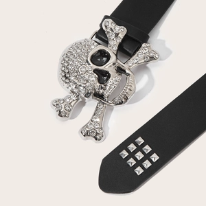 Punk style black belt featuring silver skull buckle with rhinestones and metal rivets