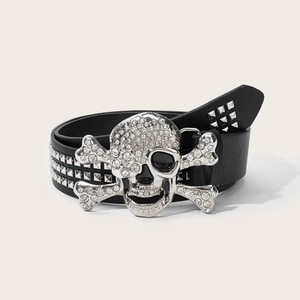 Punk black leather rivet belt featuring a bold skull and crossbones rhinestone buckle