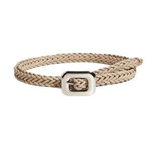 Ceinture fine en cuir tressé beige crème avec une boucle rectangulaire en argent poli