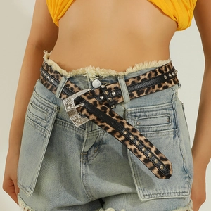 Women's Leopard Print PU Leather Belt With Rhinestones Vintage Carved Buckle Punk Rock Rivet Waistband Fashion Accessory