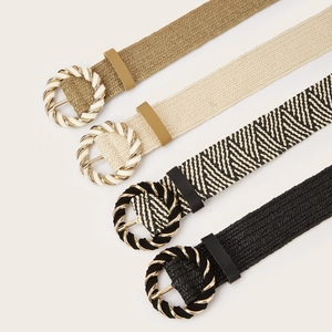 Women's woven elastic waist belt set with bohemian round buckles for dresses and jeans