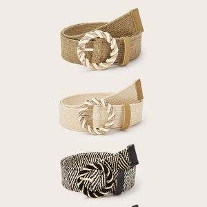 Set of 3 woven braided belts for women with round buckles in khaki, beige, and black pattern