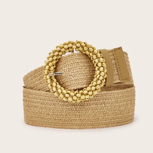 Woven bohemian straw belt with round beaded buckle for vintage dresses and pants