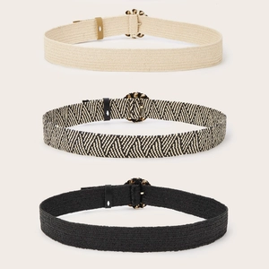 Three-piece set of woven belts with gold round buckles in straw and cotton textures