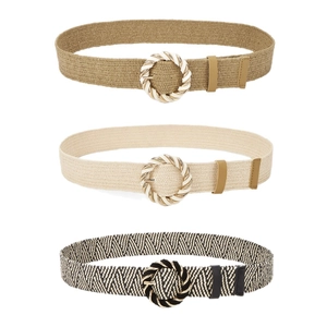 Set of three braided elastic waist belts for women with vintage round buckles in various colors