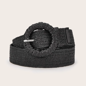 Bohemian black woven belt for women with a textured round buckle for summer dresses