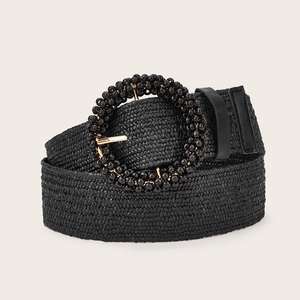 Woven bohemian black waist belt with vintage beaded round buckle for women dresses