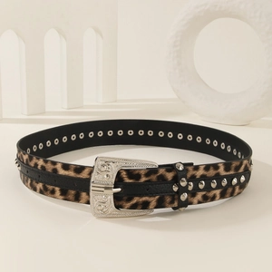 Leopard print leather belt with silver rivets and vintage buckle on minimal background