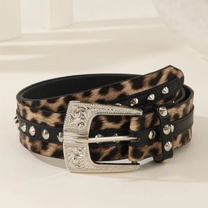 Leopard print leather belt with silver western carved buckle and metal stud trim