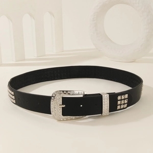 Punk style black leather belt featuring silver rhinestone buckle and square metal studs