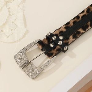 Vintage leopard print belt with western engraved silver buckle and metal studs