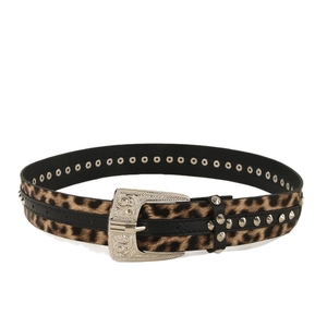 Vintage leopard print leather belt with silver carved buckle and stud accents