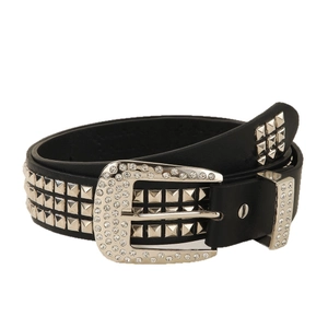 Black leather punk belt with three rows of silver studs and rhinestone western buckle