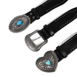 Set di tre cinture punk con borchie in pelle nera e fibbie in metallo turchese
