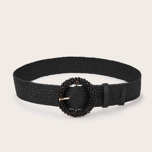 Bohemian black braided waist belt for women with round beaded buckle and golden metal pin