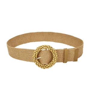 Women's woven straw waist belt with a round beaded buckle in bohemian style