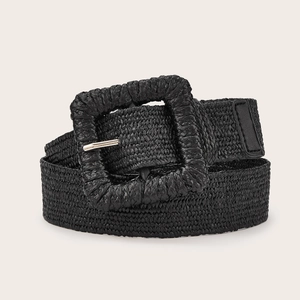 Women's vintage black woven belt with square buckle for bohemian dress styling