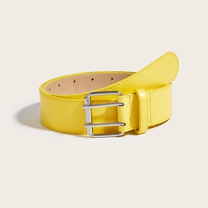 Vintage yellow PU leather belt with square silver double pin buckle for casual jeans