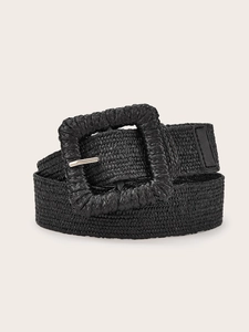 Detail of black woven waist belt with a matching square buckle for women's vintage dresses