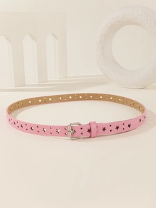 Pink thin leather belt with silver pin buckle and star shaped hollowed decorations