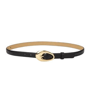 Ceinture fine en cuir noir pour femme avec élégante boucle ovale en métal doré