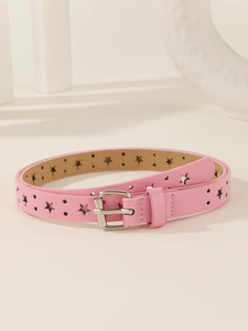 Detailed view of pink leather belt featuring star-shaped cutouts and silver metal buckle
