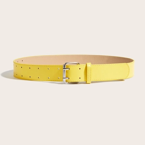 Women's Retro Yellow Faux Leather Belt With Silver Alloy Double Pin Buckle Casual Waistband For Jeans Double Row Holes