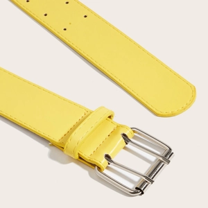 Vintage yellow wide waist belt with silver double-pin metal buckle for jeans