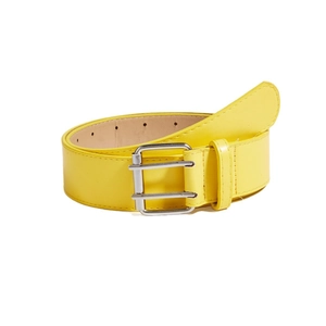 Bright yellow leather belt with double-prong silver buckle and fine stitching